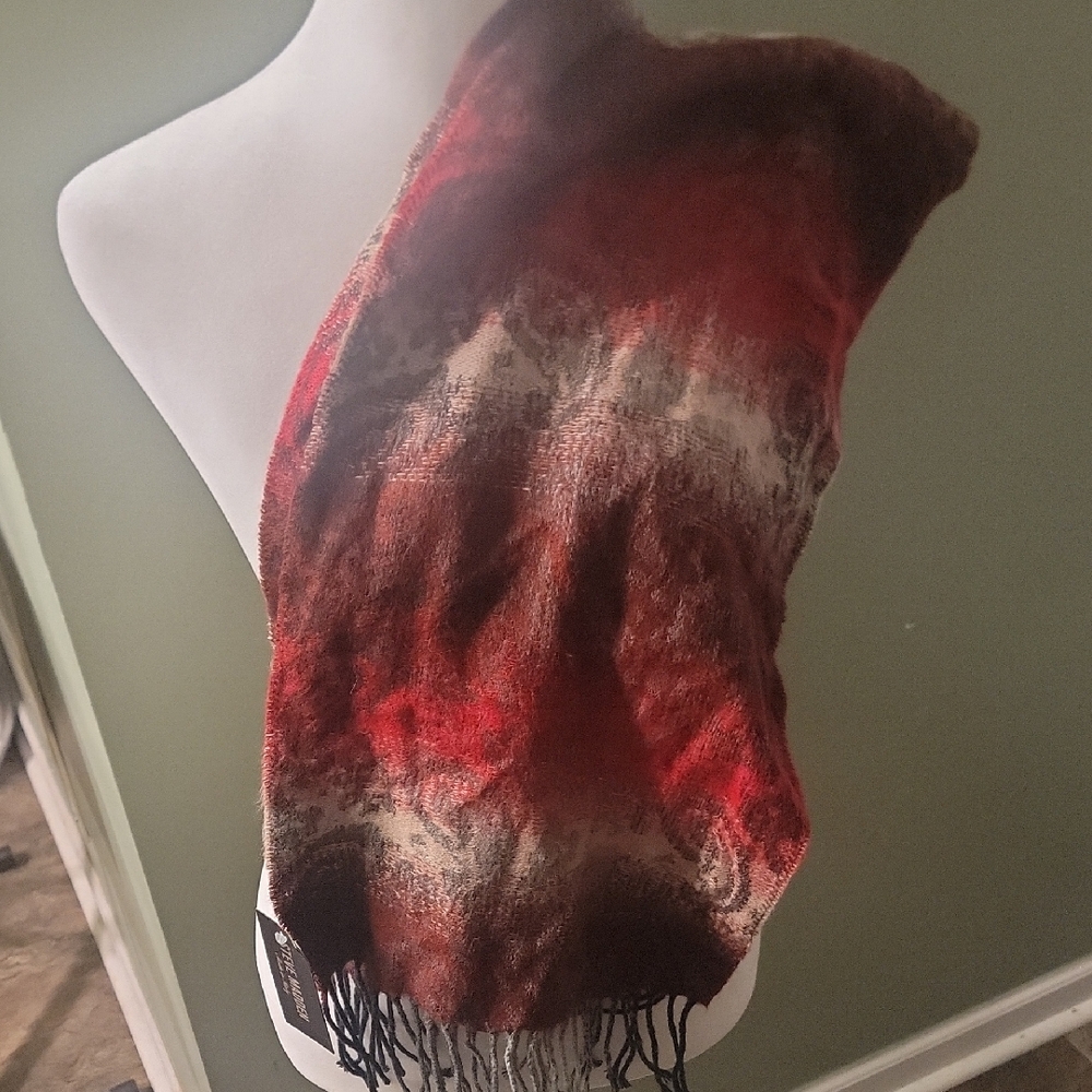 Steve Madden Red and Gray Fringed Scarf